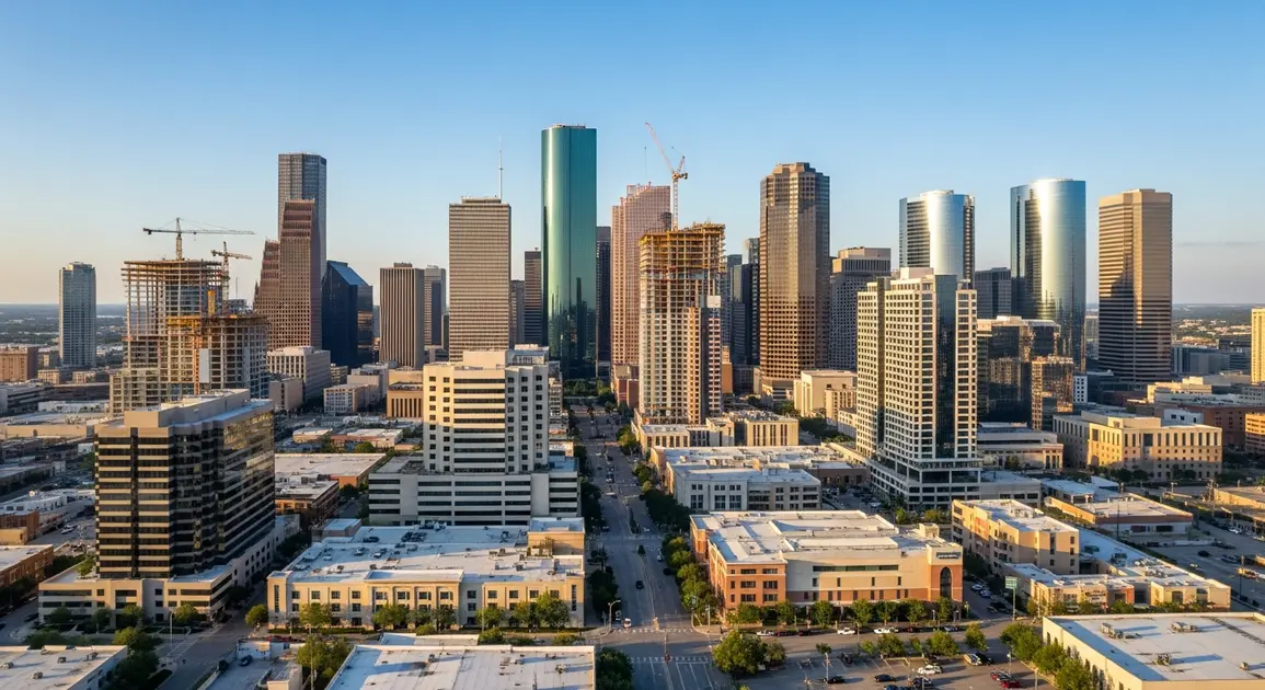 Aerial view of Houston business district showing diverse office buildings, medical centers, and commercial properties