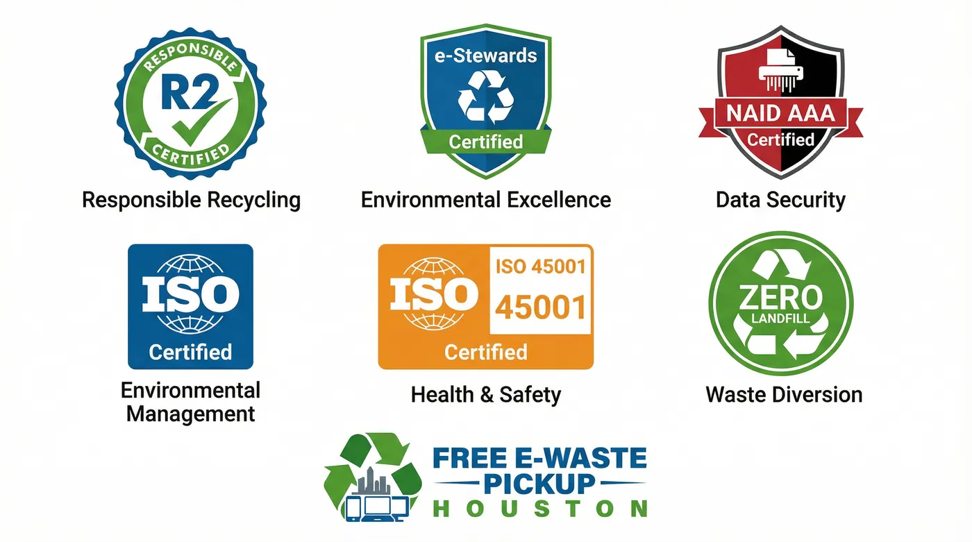 Industry Certifications: R2, e-Stewards, NAID AAA, ISO 14001, ISO 45001, Zero Landfill
