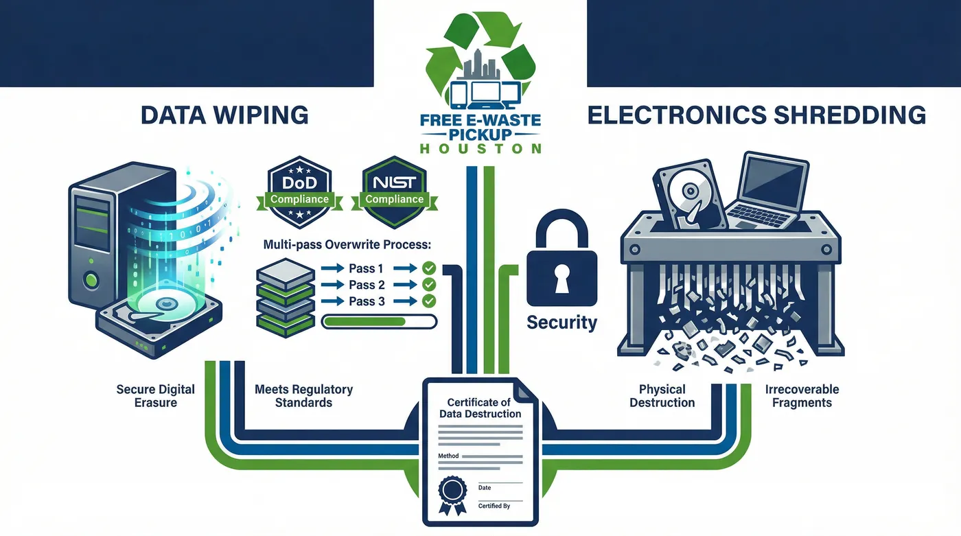 Certified data destruction of hard drives and storage media for Houston businesses - NIST 800-88 compliant shredding and wiping