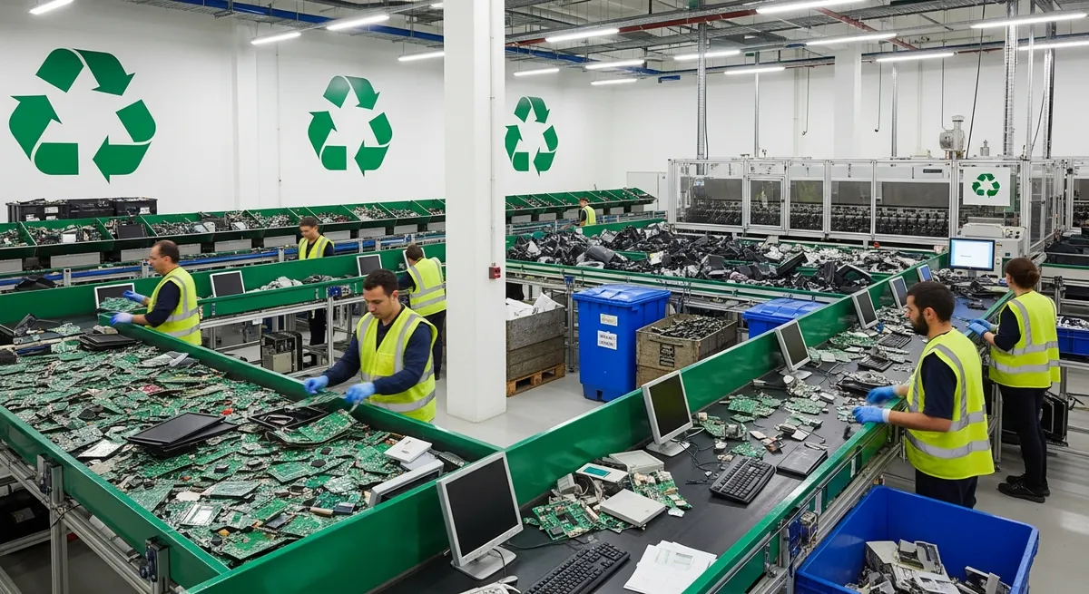 E-waste recycling facility with electronics being sorted