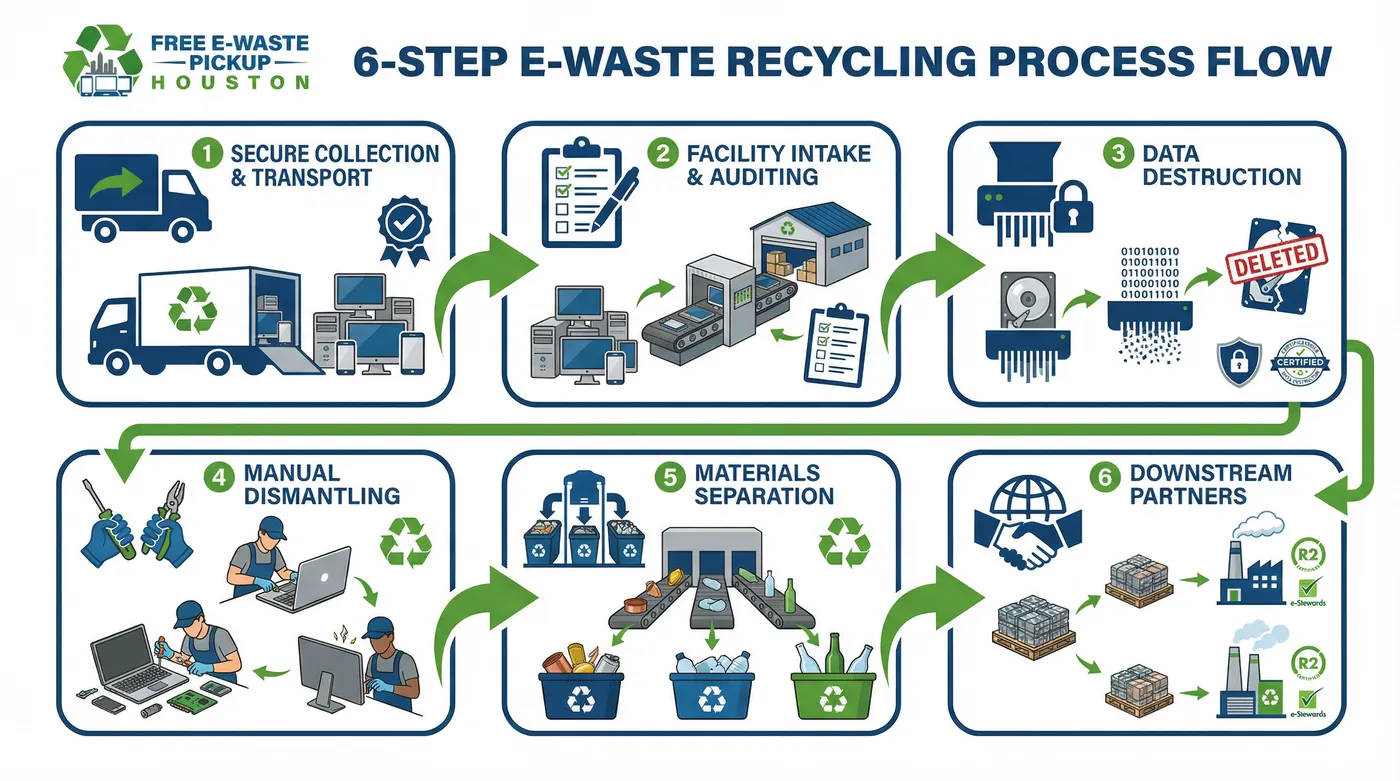 6-Step E-Waste Recycling Process Flow Diagram: Secure Collection, Facility Intake, Data Destruction, Manual Dismantling, Materials Separation, Downstream Partners