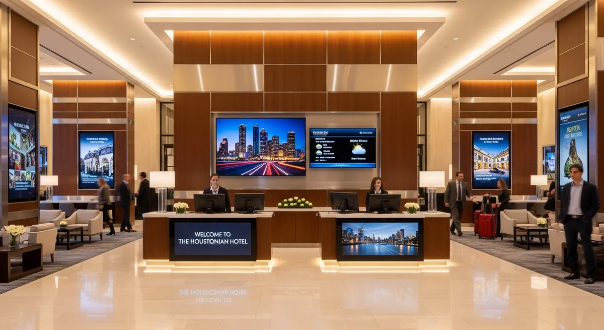 Luxury Houston hotel lobby with modern technology and digital displays