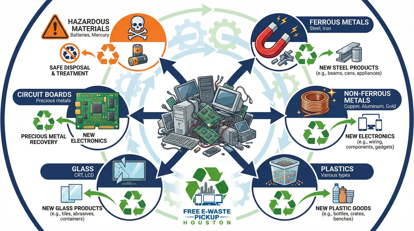 Materials Recovery and Separation Process: Ferrous Metals, Non-Ferrous Metals, Circuit Boards, Plastics, Glass, and Hazardous Materials safely processed
