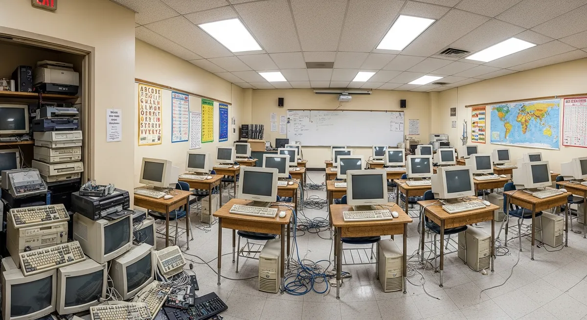 School classroom with surplus old computers and monitors ready for free recycling