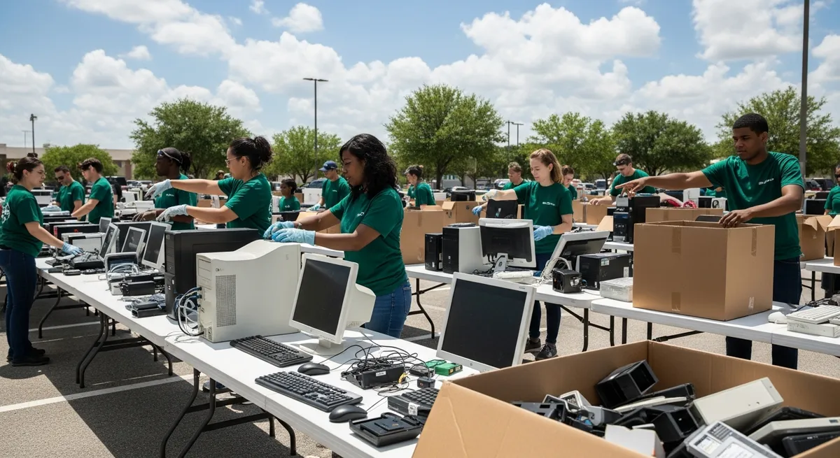 Community e-waste recycling collection event in a Houston parking lot with people dropping off old electronics